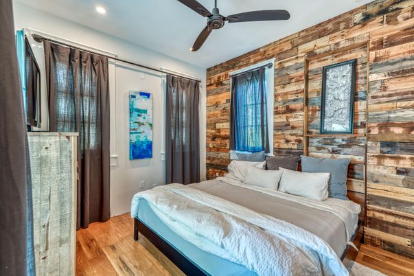 Bedroom, Interior, Recessed Lighting, Wood Texture Flooring, Wooden Walls
