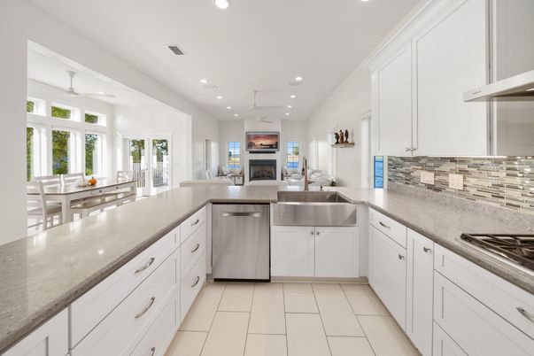 Dining room, Fireplace, Interior, Kitchen, Recessed Lighting, Stainless Steel Appliances