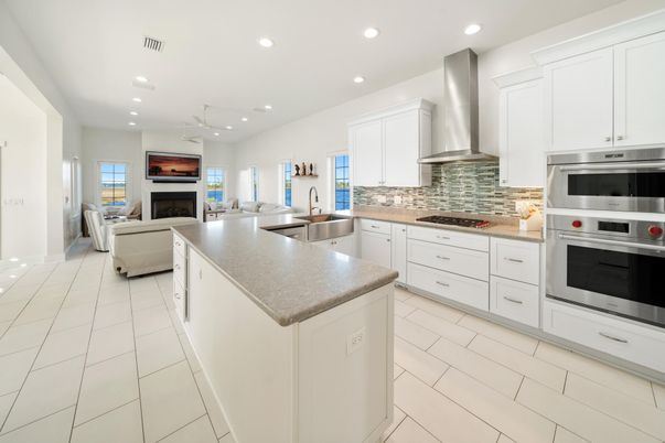 Fireplace, Interior, Kitchen, Living room, Recessed Lighting, Stainless Steel Appliances