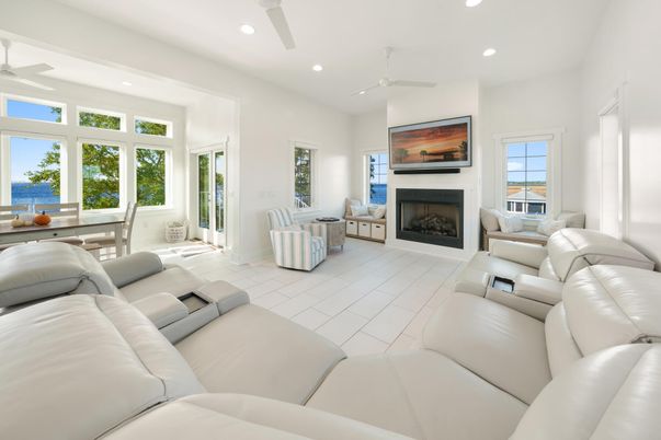 Dining room, Fireplace, Interior, Living room, Recessed Lighting, Water