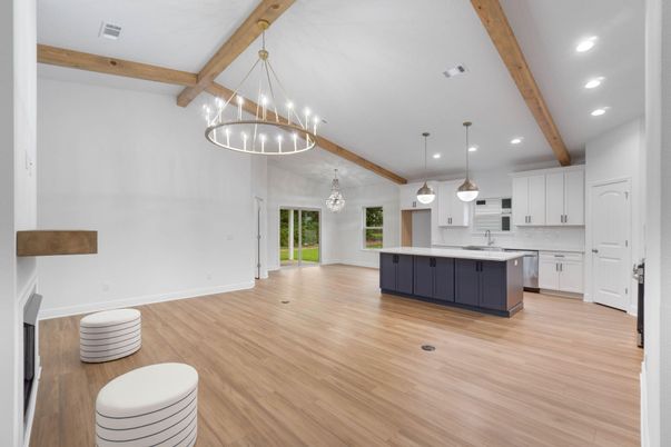 Chandelier, Interior, Kitchen, Pendant Lights, Recessed Lighting, Stainless Steel Appliances, Wooden Beams, Wood Texture Flooring