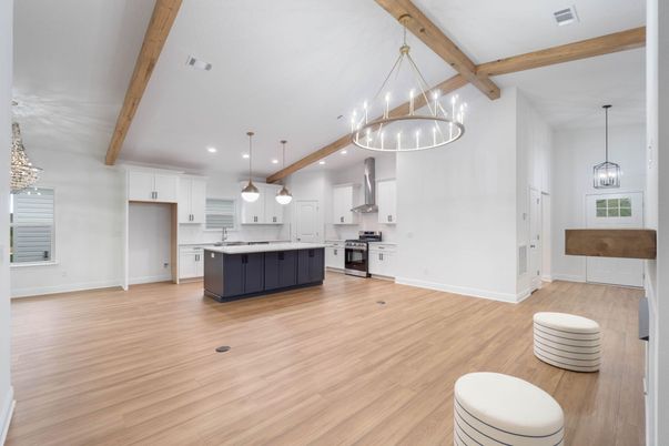 Interior, Kitchen, Pendant Lights, Recessed Lighting, Stainless Steel Appliances, Wooden Beams, Wood Texture Flooring
