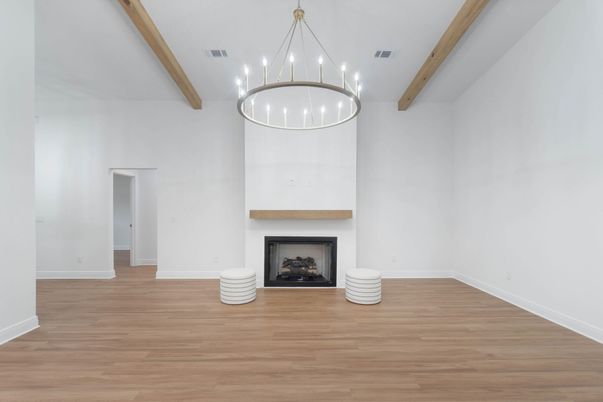 Empty room, Fireplace, Interior, Pendant Lights, Wooden Beams, Wood Texture Flooring