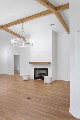 Chandelier, Empty room, Fireplace, Interior, Pendant Lights, Wooden Beams, Wood Texture Flooring