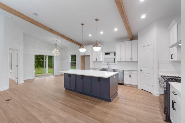 Chandelier, Interior, Kitchen, Pendant Lights, Recessed Lighting, Stainless Steel Appliances, Wooden Beams, Wood Texture Flooring