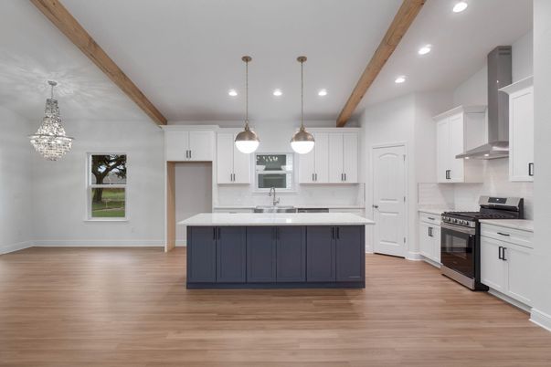 Chandelier, Interior, Kitchen, Pendant Lights, Recessed Lighting, Stainless Steel Appliances, Wooden Beams, Wood Texture Flooring