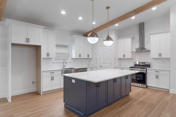 Interior, Kitchen, Pendant Lights, Recessed Lighting, Stainless Steel Appliances, Wooden Beams, Wood Texture Flooring
