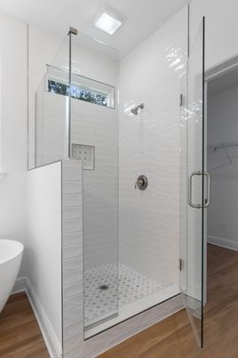Bathroom, Glass Shower, Interior, Wood Texture Flooring