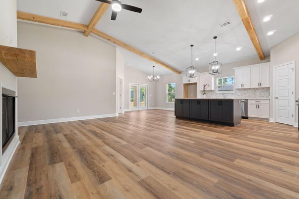 Chandelier, Interior, Kitchen, Pendant Lights, Recessed Lighting, Wooden Beams, Wood Texture Flooring