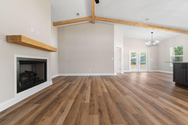 Chandelier, Empty room, Fireplace, Interior, Wooden Beams, Wood Texture Flooring