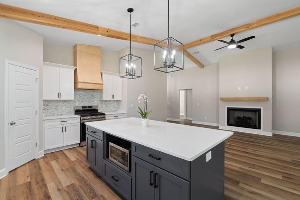 Fireplace, Interior, Kitchen, Pendant Lights, Recessed Lighting, Wooden Beams, Wood Texture Flooring