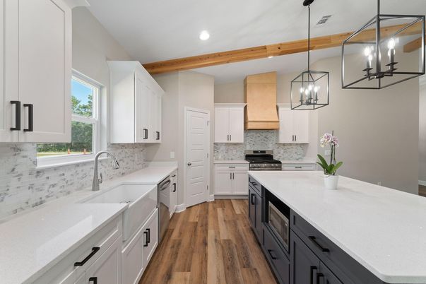 Interior, Kitchen, Pendant Lights, Recessed Lighting, Stainless Steel Appliances, Wooden Beams, Wood Texture Flooring