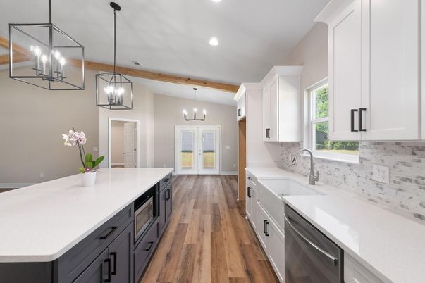 Chandelier, Interior, Kitchen, Pendant Lights, Recessed Lighting, Stainless Steel Appliances, Wooden Beams, Wood Texture Flooring