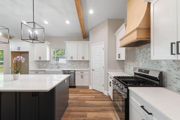 Interior, Kitchen, Pendant Lights, Recessed Lighting, Stainless Steel Appliances, Wooden Beams, Wood Texture Flooring