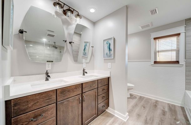 Bathroom, Dual Sink Vanities, Interior, Recessed Lighting, Wood Texture Flooring