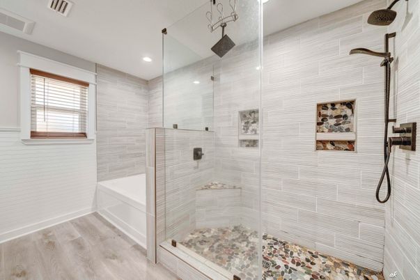 Bathroom, Glass Shower, Interior, Recessed Lighting, Wood Texture Flooring