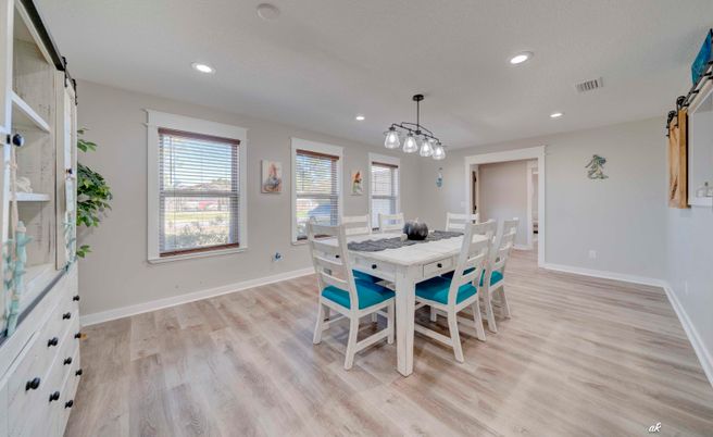 Dining room, Interior, Pendant Lights, Recessed Lighting, Wood Texture Flooring