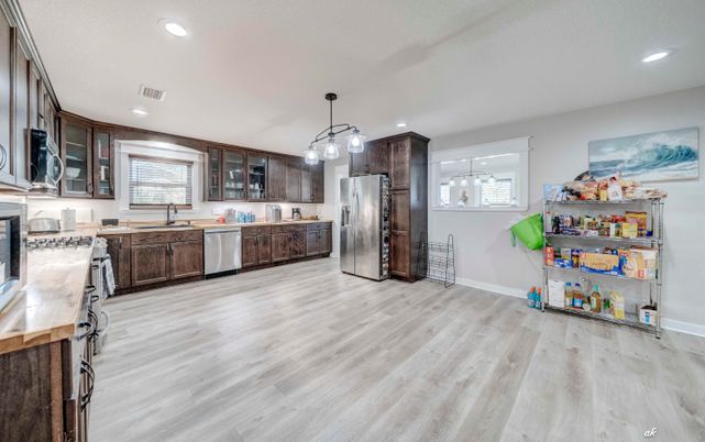 Interior, Kitchen, Pendant Lights, Recessed Lighting, Stainless Steel Appliances, Wood Texture Flooring