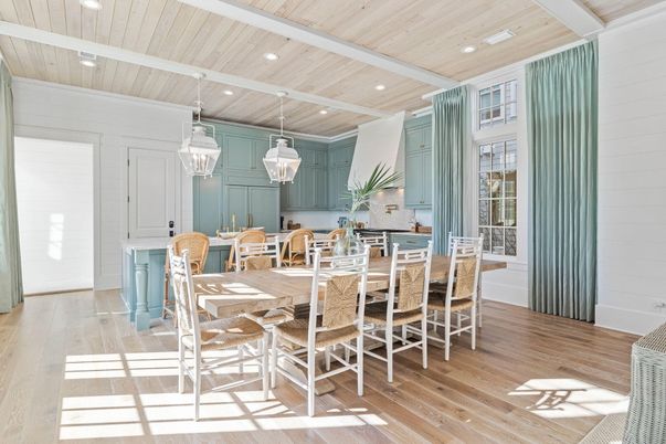 Dining room, Interior, Kitchen, Pendant Lights, Recessed Lighting, Wooden Ceilings, Wood Texture Flooring