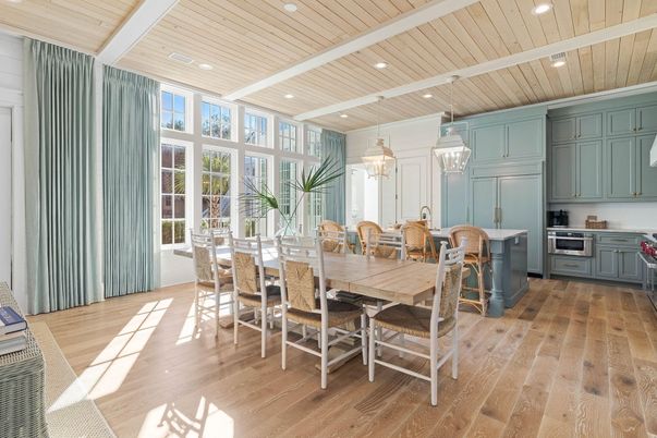 Dining room, Interior, Kitchen, Pendant Lights, Recessed Lighting, Stainless Steel Appliances, Wooden Ceilings, Wood Texture Flooring
