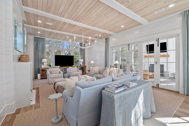 Fireplace, Interior, Living room, Pendant Lights, Recessed Lighting, Wooden Ceilings, Wood Texture Flooring