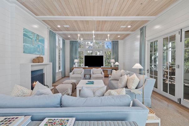 Fireplace, Interior, Living room, Recessed Lighting, Wooden Ceilings, Wood Texture Flooring
