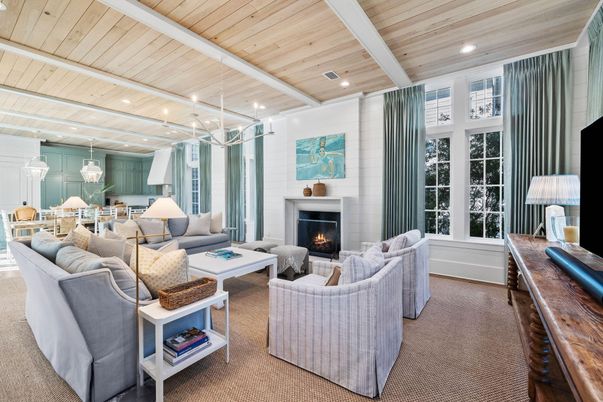 Dining room, Fireplace, Interior, Living room, Pendant Lights, Recessed Lighting, Wooden Ceilings