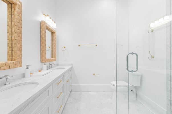Bathroom, Dual Sink Vanities, Glass Shower, Interior, Marble