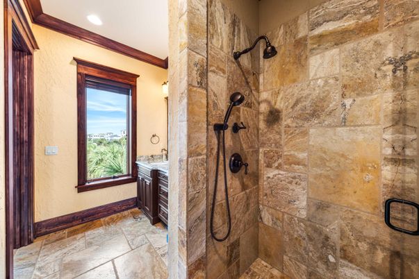 Bathroom, Glass Shower, Interior, Recessed Lighting, Stone Walls