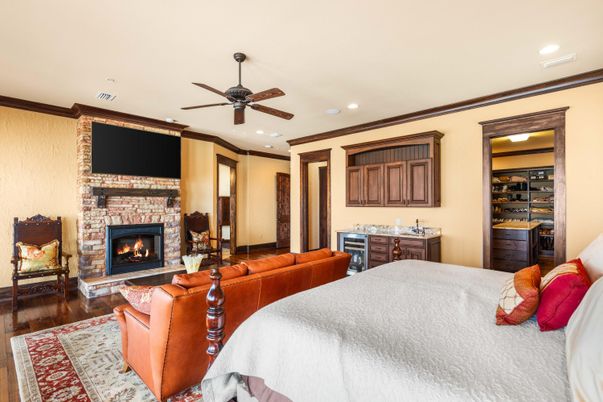Bedroom, Fireplace, Interior, Recessed Lighting, Wood Texture Flooring