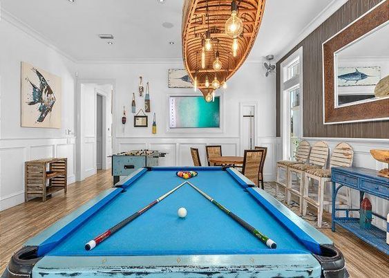 Billiard Table, Chandelier, Game Room, Interior, Pendant Lights, Recessed Lighting, Wood Texture Flooring