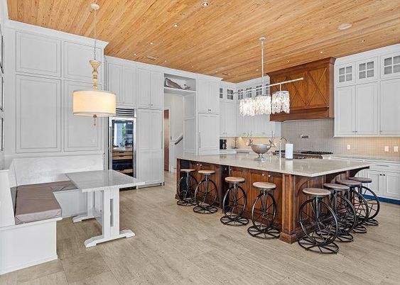 Chandelier, Interior, Kitchen, Pendant Lights, Recessed Lighting, Wooden Ceilings, Wood Texture Flooring