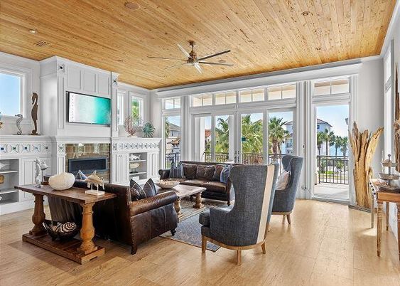 Fireplace, Interior, Living room, Recessed Lighting, Wooden Ceilings