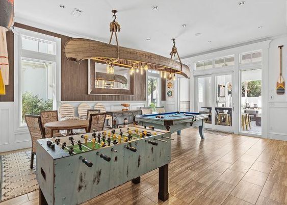 Billiard Table, Game Room, Interior, Pendant Lights, Recessed Lighting, Wood Texture Flooring