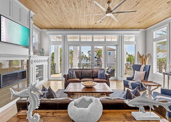 Fireplace, Interior, Living room, Recessed Lighting, Sun Room, Wooden Ceilings, Wood Texture Flooring
