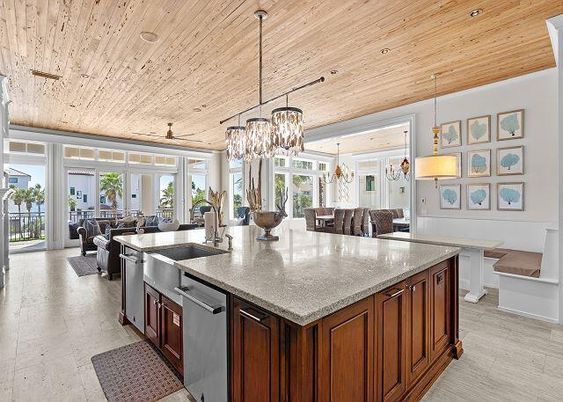 Chandelier, Dining room, Interior, Kitchen, Living room, Pendant Lights, Recessed Lighting, Stainless Steel Appliances, Wooden Ceilings