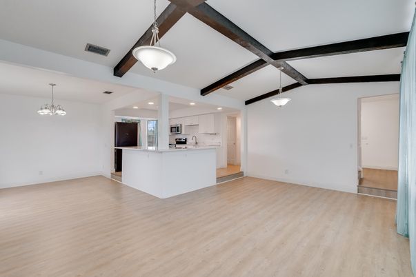 Interior, Kitchen, Pendant Lights, Recessed Lighting, Wooden Beams, Wood Texture Flooring