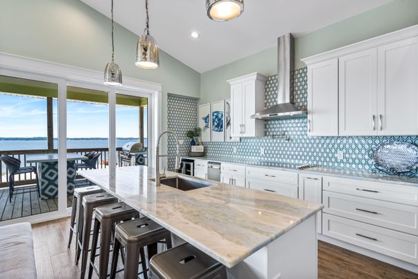 Interior, Kitchen, Pendant Lights, Recessed Lighting, Stainless Steel Appliances, Water, Wood Texture Flooring