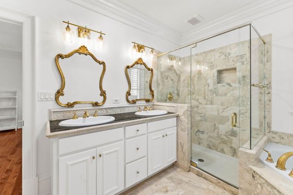 Bathroom, Dual Sink Vanities, Glass Shower, Interior, Marble Walls, Wood Texture Flooring