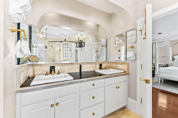 Bathroom, Dual Sink Vanities, Glass Shower, Interior, Wood Texture Flooring