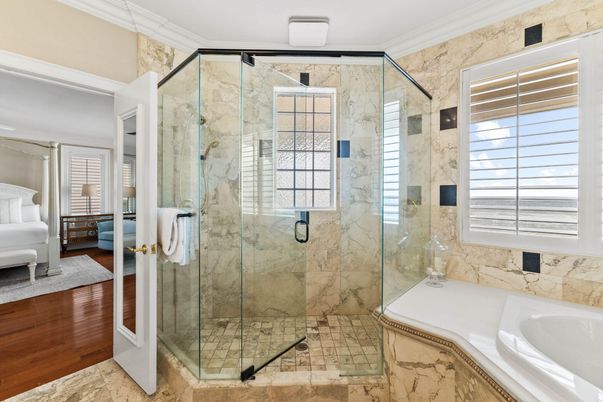 Bathroom, Glass Shower, Interior, Marble Walls, Wood Texture Flooring