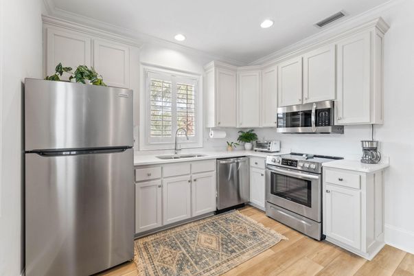 Interior, Kitchen, Recessed Lighting, Stainless Steel Appliances, Wood Texture Flooring