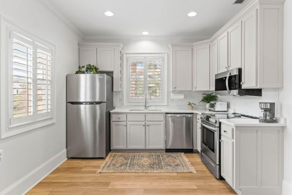 Interior, Kitchen, Recessed Lighting, Stainless Steel Appliances, Wood Texture Flooring