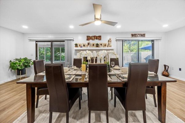 Dining room, Interior, Recessed Lighting, Wood Texture Flooring