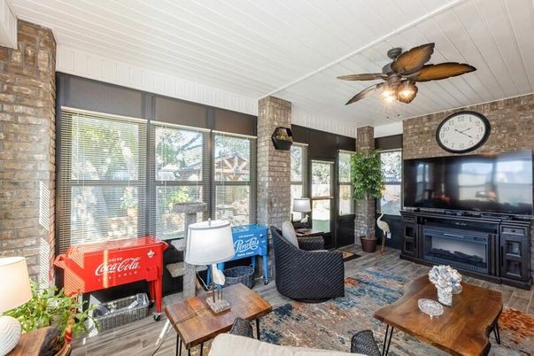 Fireplace, Interior, Living room, Stone Walls, Wood Texture Flooring