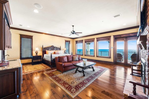 Bedroom, Fireplace, Interior, Recessed Lighting, Water, Wood Texture Flooring