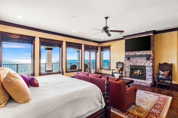 Bedroom, Fireplace, Interior, Recessed Lighting, Water, Wood Texture Flooring