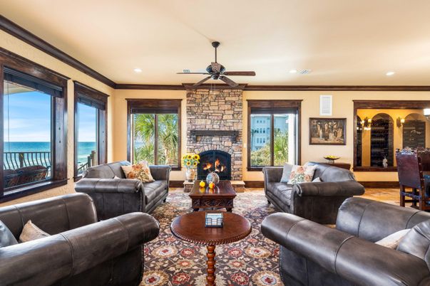 Fireplace, Interior, Living room, Recessed Lighting, Stone Walls, Water