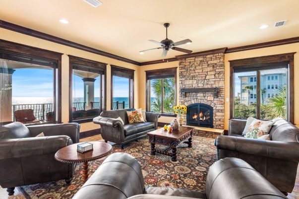 Fireplace, Interior, Living room, Recessed Lighting, Stone Walls, Water