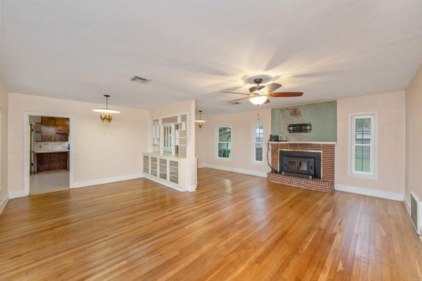 Empty room, Fireplace, Interior, Pendant Lights, Wood Texture Flooring